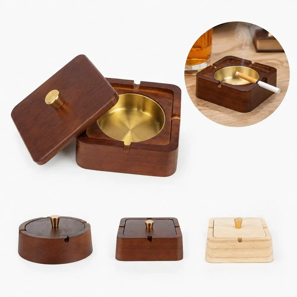 Wooden Cigarette Ashtray with Lid Odor-Reducing 2