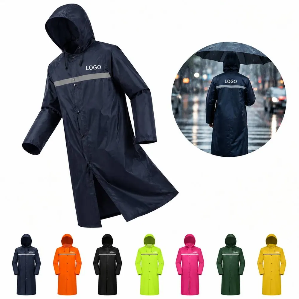 Reflective Long Rain Jacket with Adjustable Hood