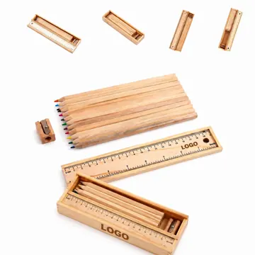 Wooden Sliding Ruler Pencil Set with 12 Colored Pencils
