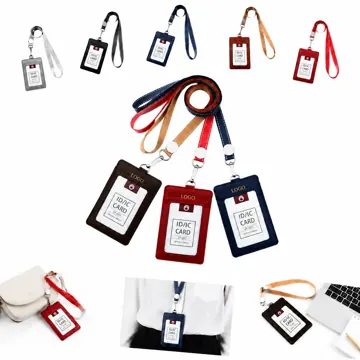 Vertical PU Leather ID Badge Holder with Detachable Lanyard