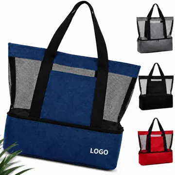 Large Mesh Beach Tote with Insulated Cooler Compartment