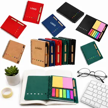 Kraft Spiral Notebook with Sticky Notes and Pen, Flat-Lay