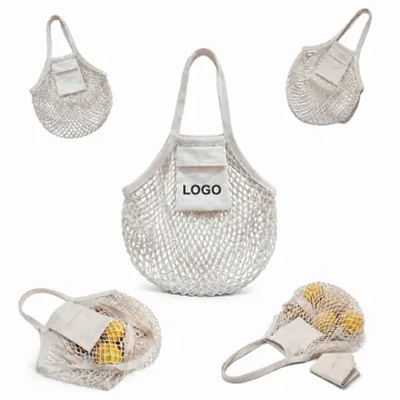 Reusable Cotton Mesh Tote with Pocket, Long Handles
