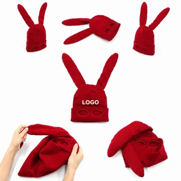 Knitted Bunny Ear Mask Hat with Eye Holes for Halloween