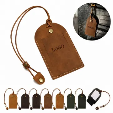 Genuine Leather Luggage Tag with ID Window for Travel