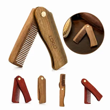 Folding Wood Beard Comb for Men, Portable Travel Grooming