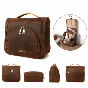 Genuine Leather Hanging Toiletry Bag with Hook for Travel