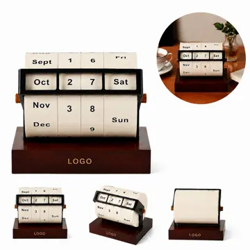 Rotary Wooden Perpetual Calendar Desk Decor