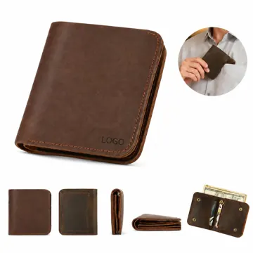Men Crazy Horse Leather Bifold Wallet with Snap Closure