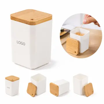 Wood Lid Plastic Toothpick Dispenser for Kitchen Countertop