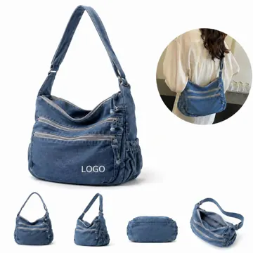 Adjustable Denim Crossbody Tote with Inner Pockets