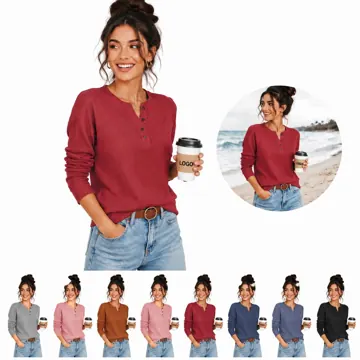 Women's Oversized V-Neck Button Long Sleeve Tee