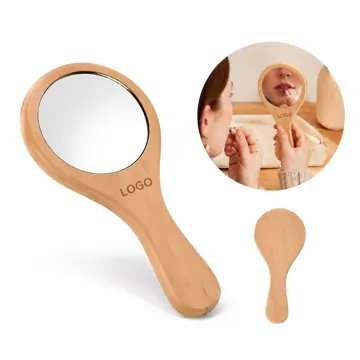 Portable Wooden Makeup Mirror with Handle for Travel