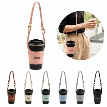 Adjustable PU Leather Cup Carrier with Detachable Strap
