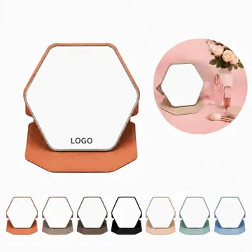 Hexagonal Folding PU Leather Makeup Mirror with Stand