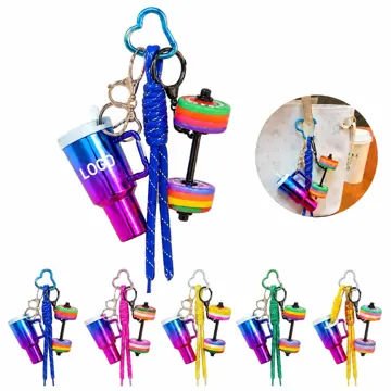 Iridescent Dumbbell & Barbell Keychain Set, Metal Fitness