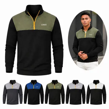 Men's Zip Patchwork Long Sleeve T-Shirt Casual Cotton Tee