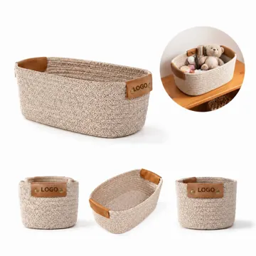 Cotton Rope Woven Storage Basket with Leather Handles