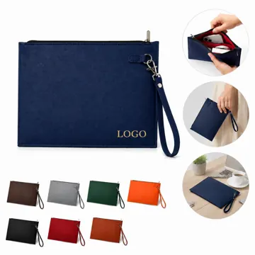 A4 PU Leather Zippered Document Bag with Clear Front Panel