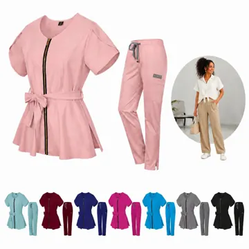 Women's V-Neck Scrub Set with Drawstring Pants