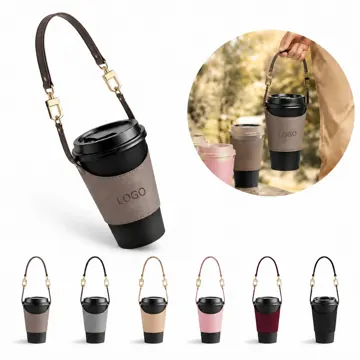 Leather Cup Sleeve with Handle, Reusable Insulated Holder