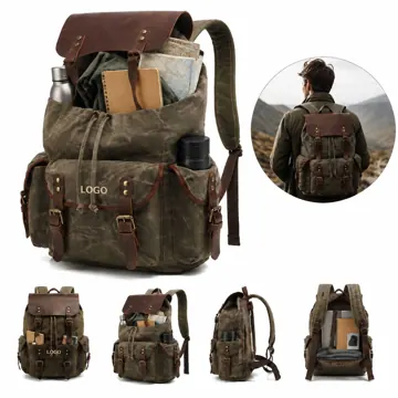 Men's Waxed Canvas Leather Travel Backpack with Laptop