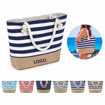Waterproof Striped Canvas Beach Tote with Sturdy Handles