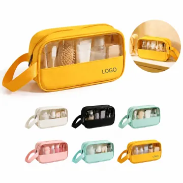 PU Leather Trim Transparent PVC Makeup Storage Bag