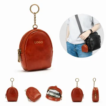 Genuine Leather Coin Pouch Keychain with Secure Zipper