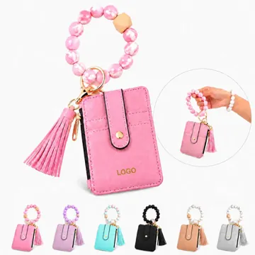Leather Card Holder Keychain with Wristband Keyring