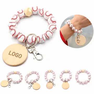 Natural Wooden Bead Keychain Bracelet with Blank Tag