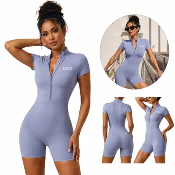 Women's Zip Up Short Sleeve Jumpsuit One Piece Bodysuit