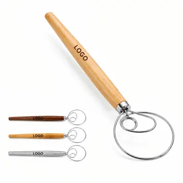 Wooden Dough Whisk with Coiled Wire for Baking